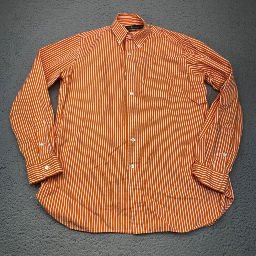 Polo Ralph Lauren Shirt Mens Medium Orange Striped 120s Poplin Button Down